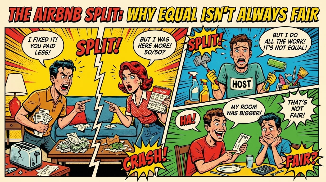 Retro comic book cover illustration of friends splitting an Airbnb, with bold colors and halftone textures