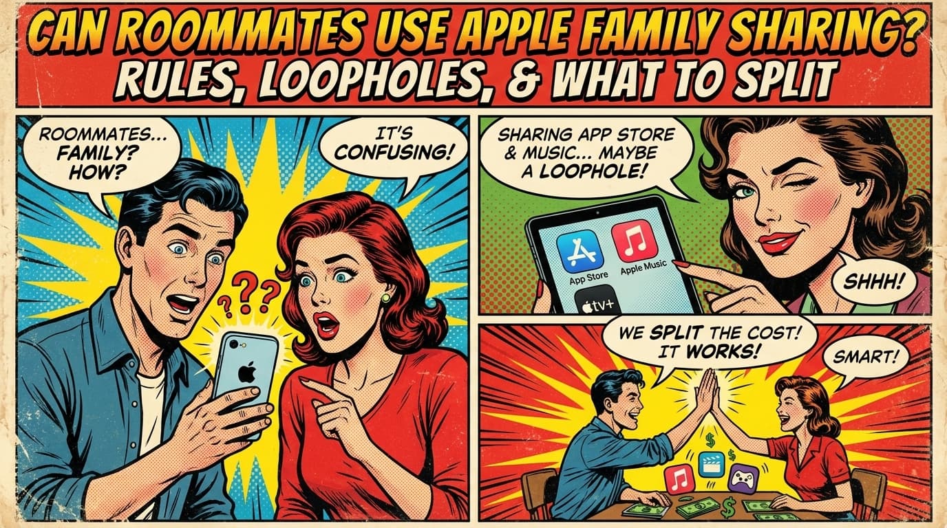 Retro comic book cover illustration of apple-styled phones and devices around a family circle with roommates connected, bold colors and halftone textures