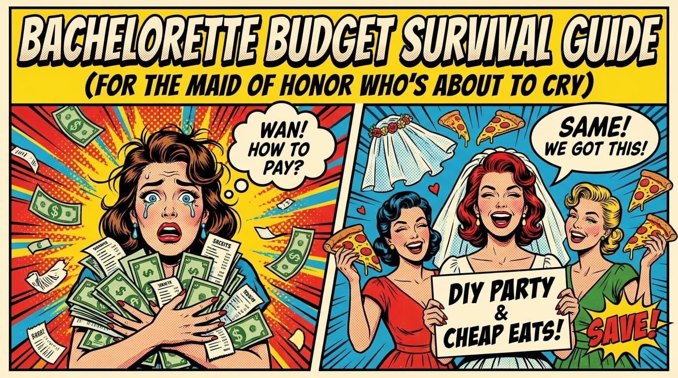 Retro comic book cover illustration of a chaotic but joyful bachelorette party, with bold colors and halftone textures