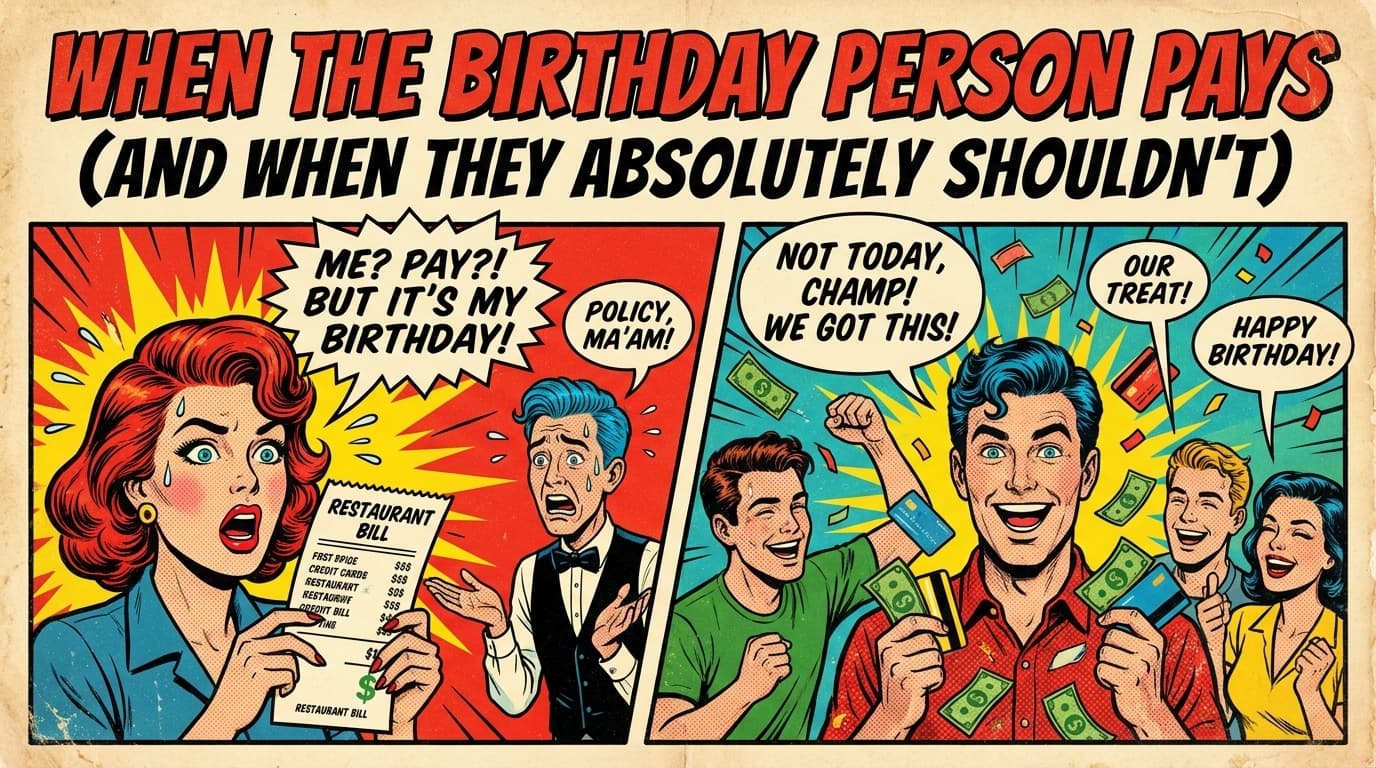 Retro comic book cover illustration of a birthday dinner table with a cake and a surprised bill recipient, with bold colors and halftone textures