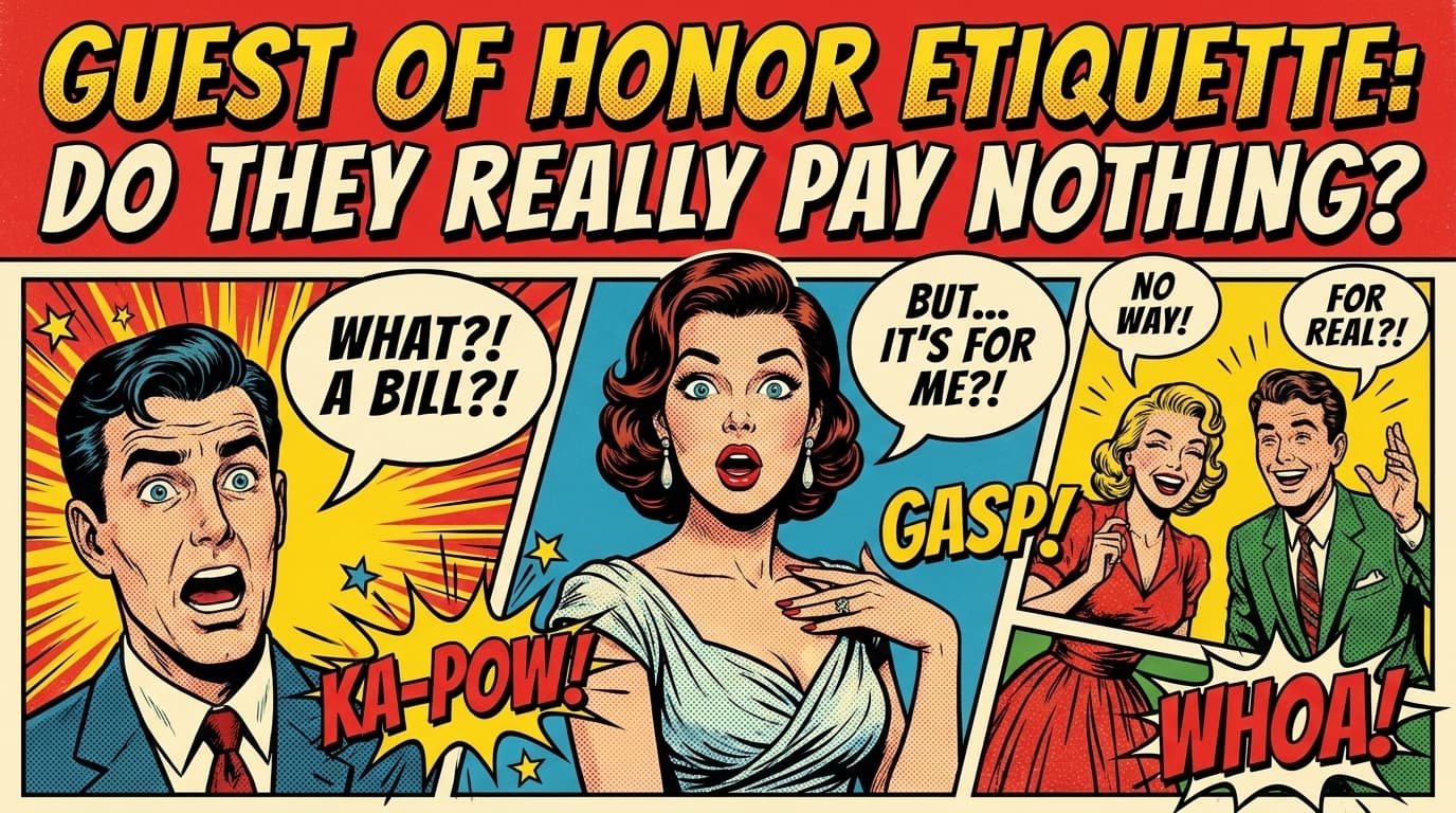 Retro comic book cover illustration of a guest of honor at a dinner table with a sash and a bill mysteriously floating away, with bold colors and halftone textures