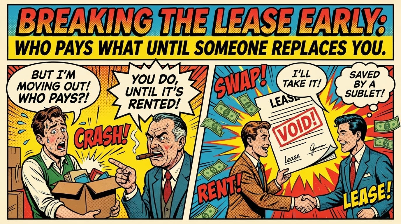 Retro comic book cover illustration of a roommate carrying boxes out the door mid-lease while another looks worried, with bold colors and halftone textures