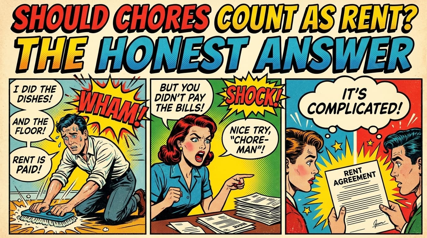 Retro comic book cover illustration of a roommate vacuuming while holding a rent bill, with bold colors and halftone textures