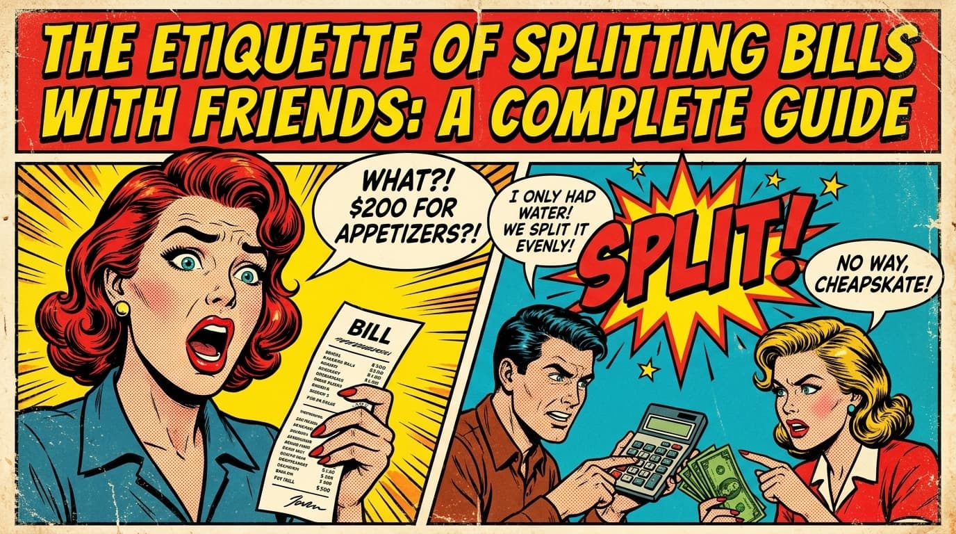 Retro comic book cover illustration for the etiquette of splitting bills with friends, with bold colors and halftone textures