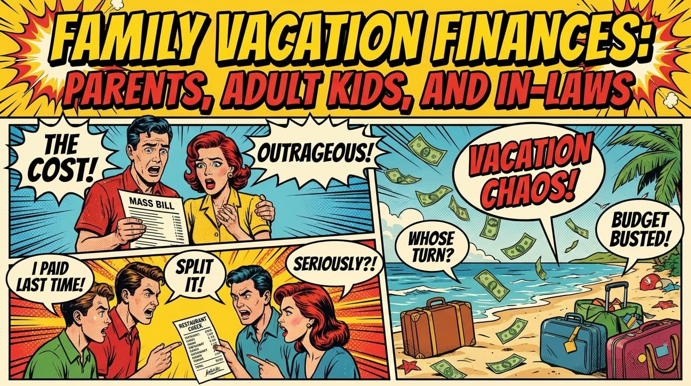 Retro comic book cover illustration of a multi-generational family outside a beach rental house with bold colors and halftone textures