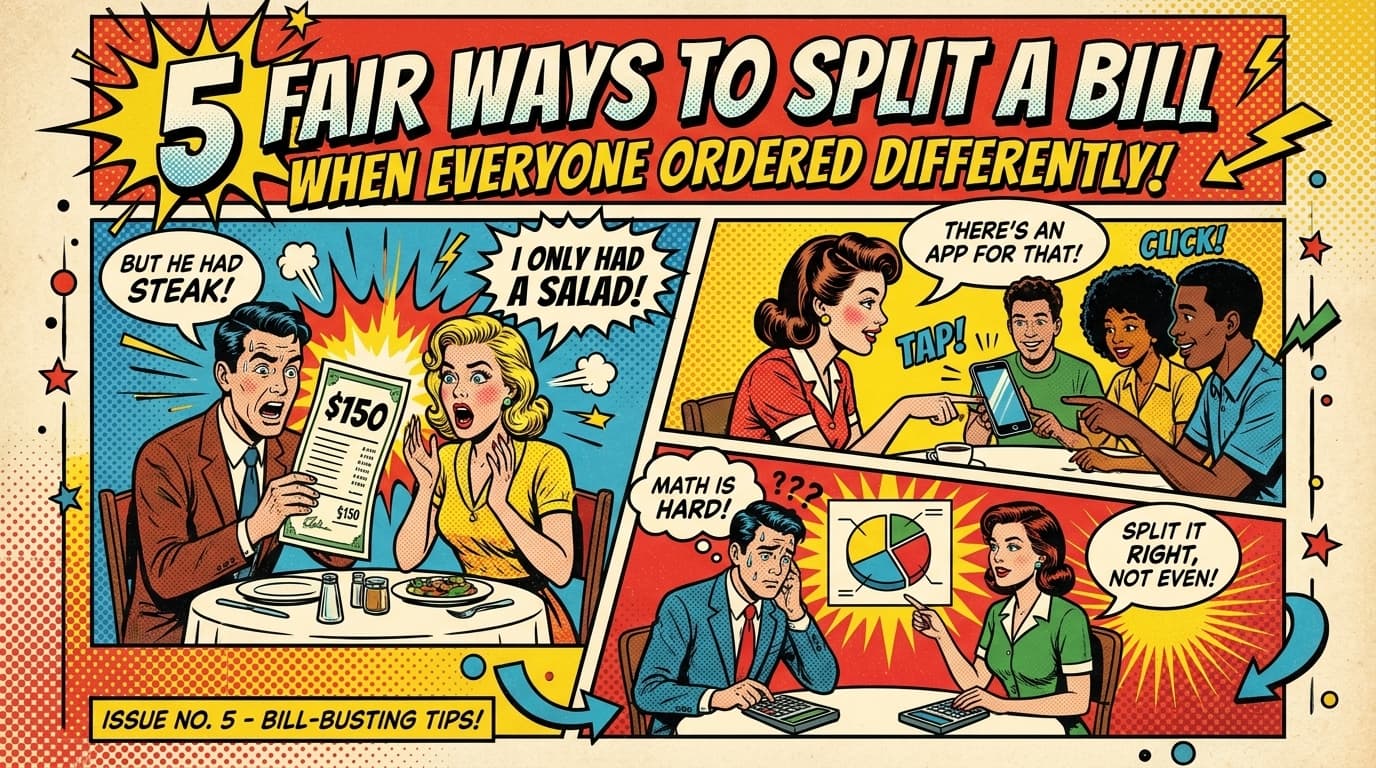 Retro comic book cover illustration of a restaurant table with wildly different dishes, with bold colors and halftone textures