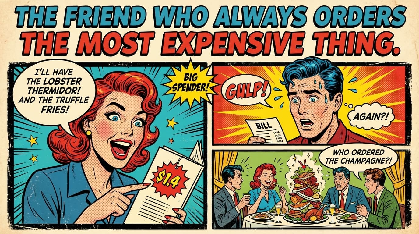 Retro comic book cover illustration of a friend ordering an enormous lobster while others look at modest salads, with bold colors and halftone textures