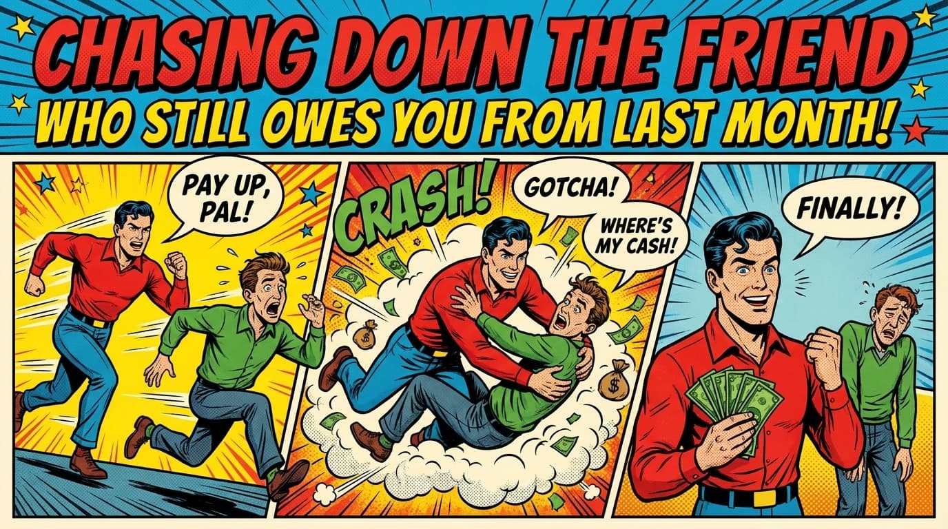 Retro comic book cover illustration of a person staring at a phone waiting for a payment notification, with bold colors and halftone textures