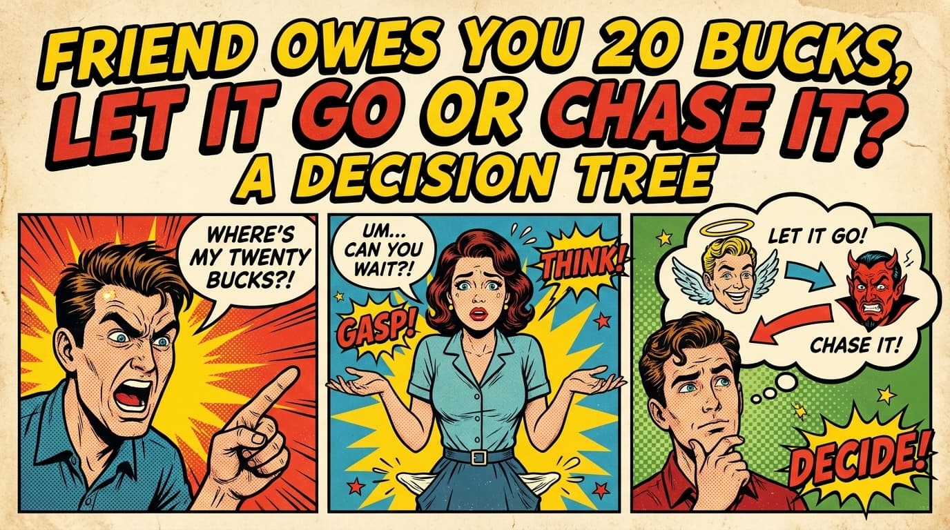 Retro comic book cover illustration of a $20 bill hovering over a decision fork between two friends, with bold colors and halftone textures