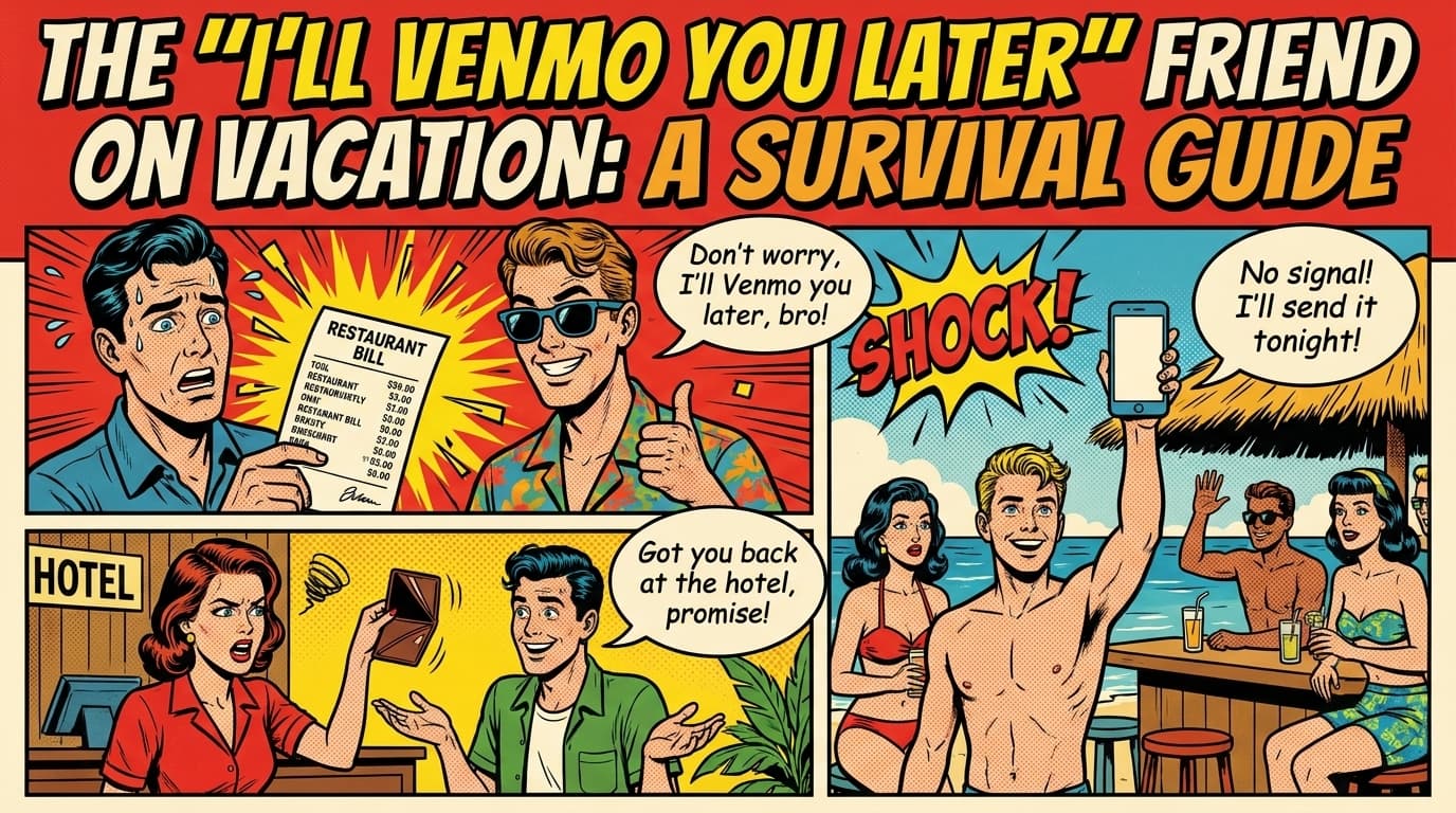 Retro comic book cover illustration of a friend dodging a Venmo request after a trip, with bold colors and halftone textures