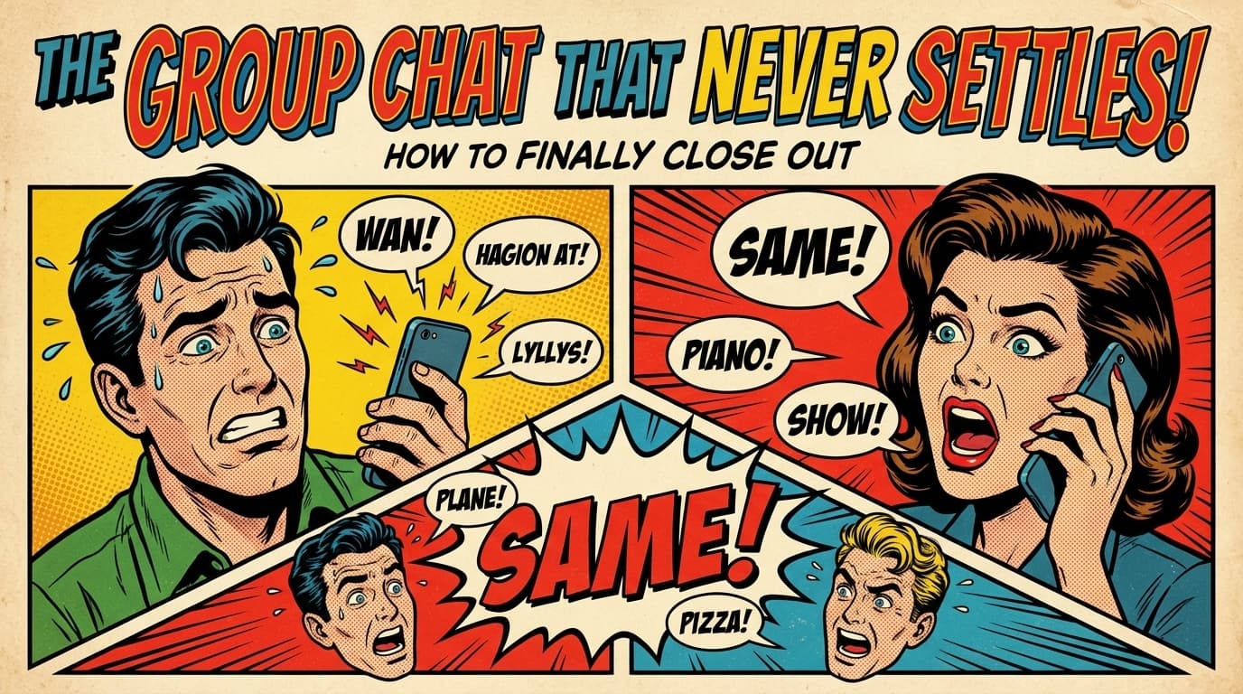 Retro comic book cover illustration of a chaotic group chat with floating IOUs and confused faces, with bold colors and halftone textures