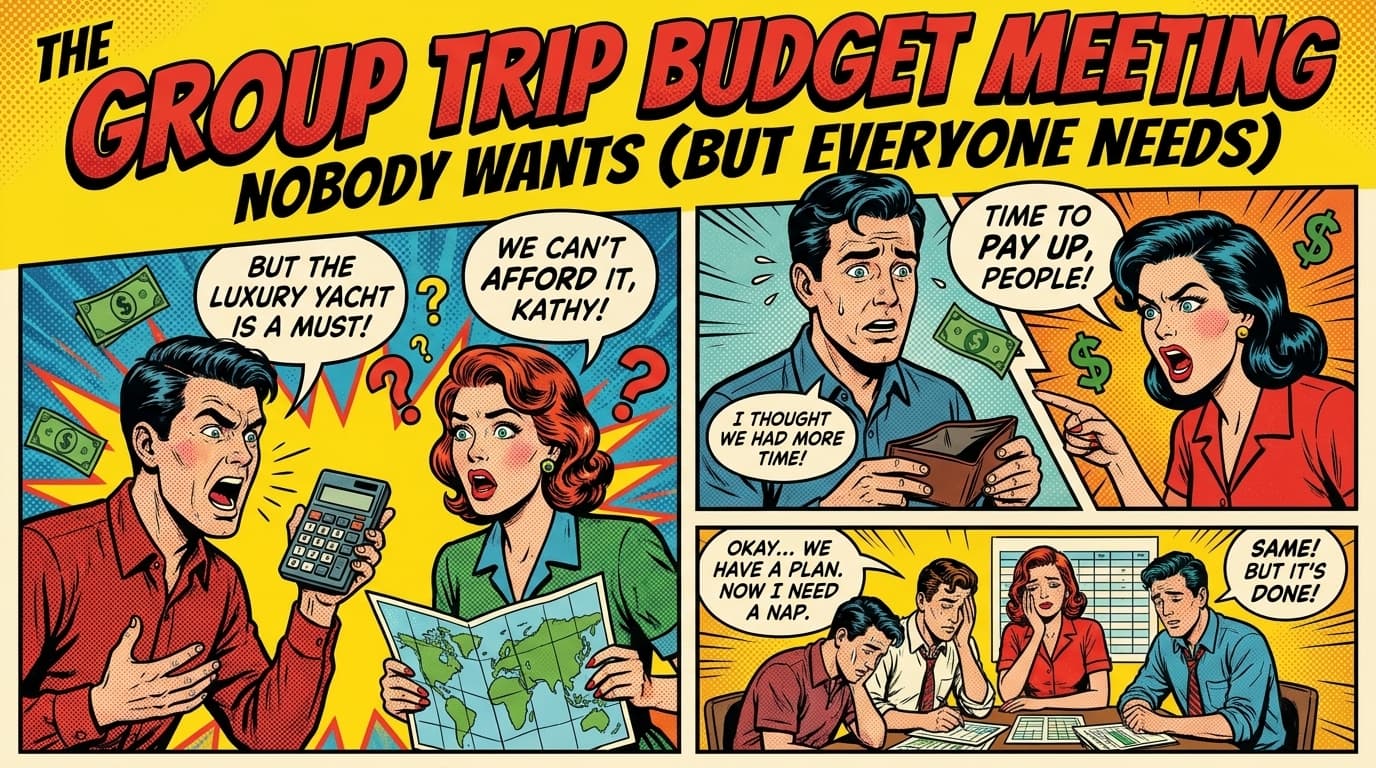 Retro comic book cover illustration of friends around a table with maps and calculators planning a trip budget, with bold colors and halftone textures
