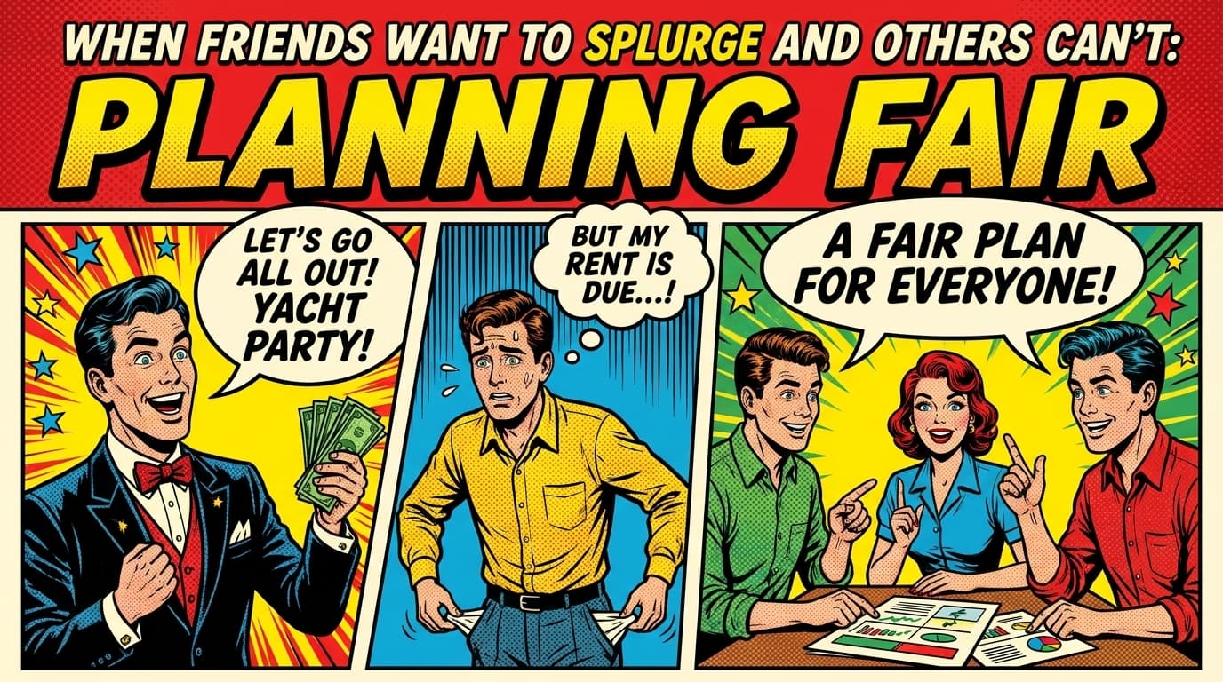 Retro comic book cover illustration of friends with different budgets planning a trip together, with bold colors and halftone textures