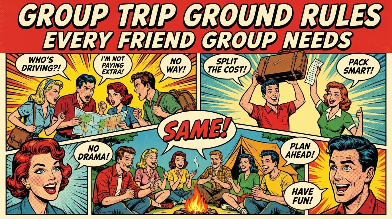 Retro comic book cover illustration of a friend group huddled around a contract-style ground rules list, with bold colors and halftone textures