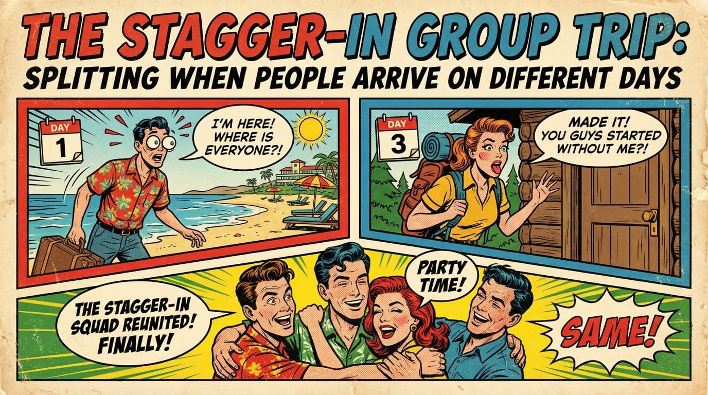Retro comic book cover illustration of friends arriving at different times to a beach house, bold colors and halftone textures