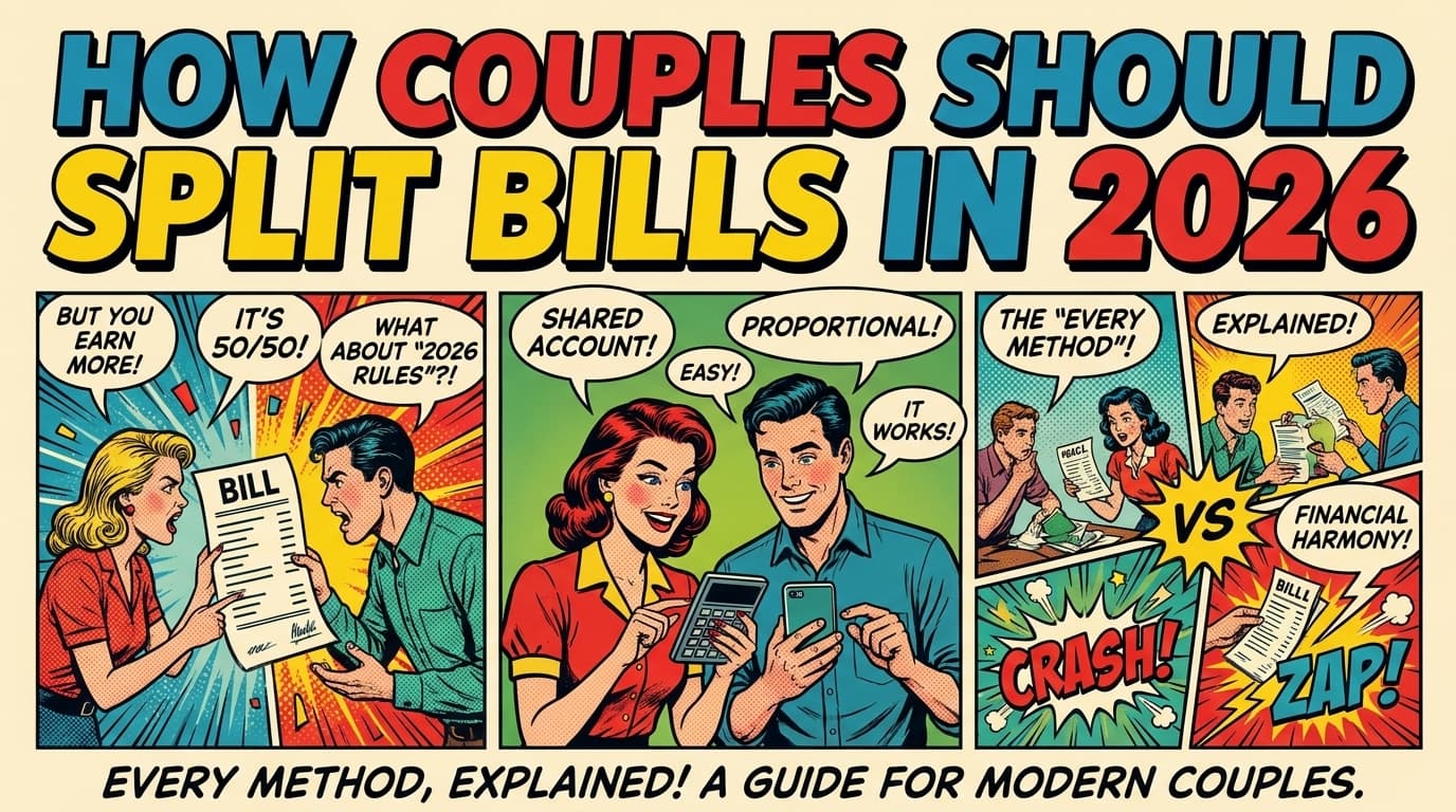 Retro comic book cover illustration for how couples should split bills, with bold colors and halftone textures