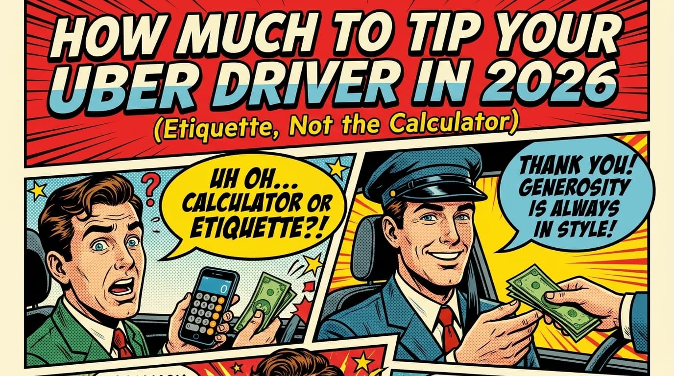 Retro comic book cover illustration of a passenger handing a tip to an Uber driver next to a phone with the app open, bold colors and halftone textures