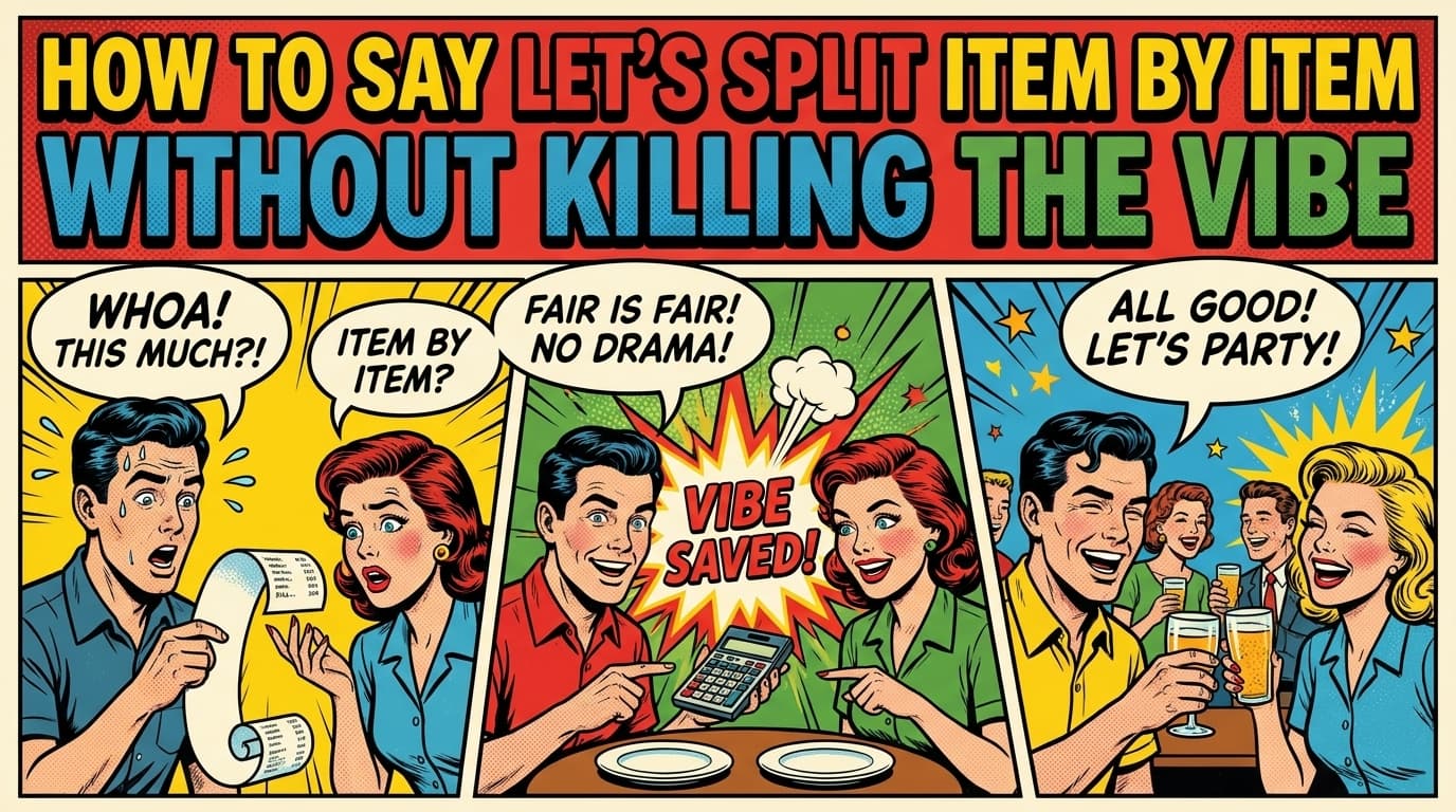 Retro comic book cover illustration of a person confidently raising their hand at a dinner table to split the bill, with bold colors and halftone textures