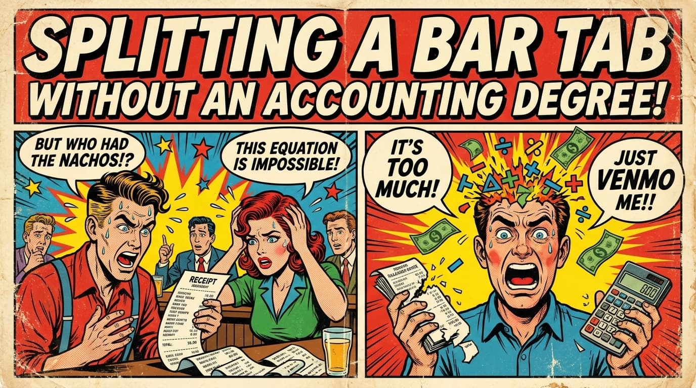 Retro comic book cover illustration of a bartender handing a long bar tab to a confused group of friends, with bold colors and halftone textures