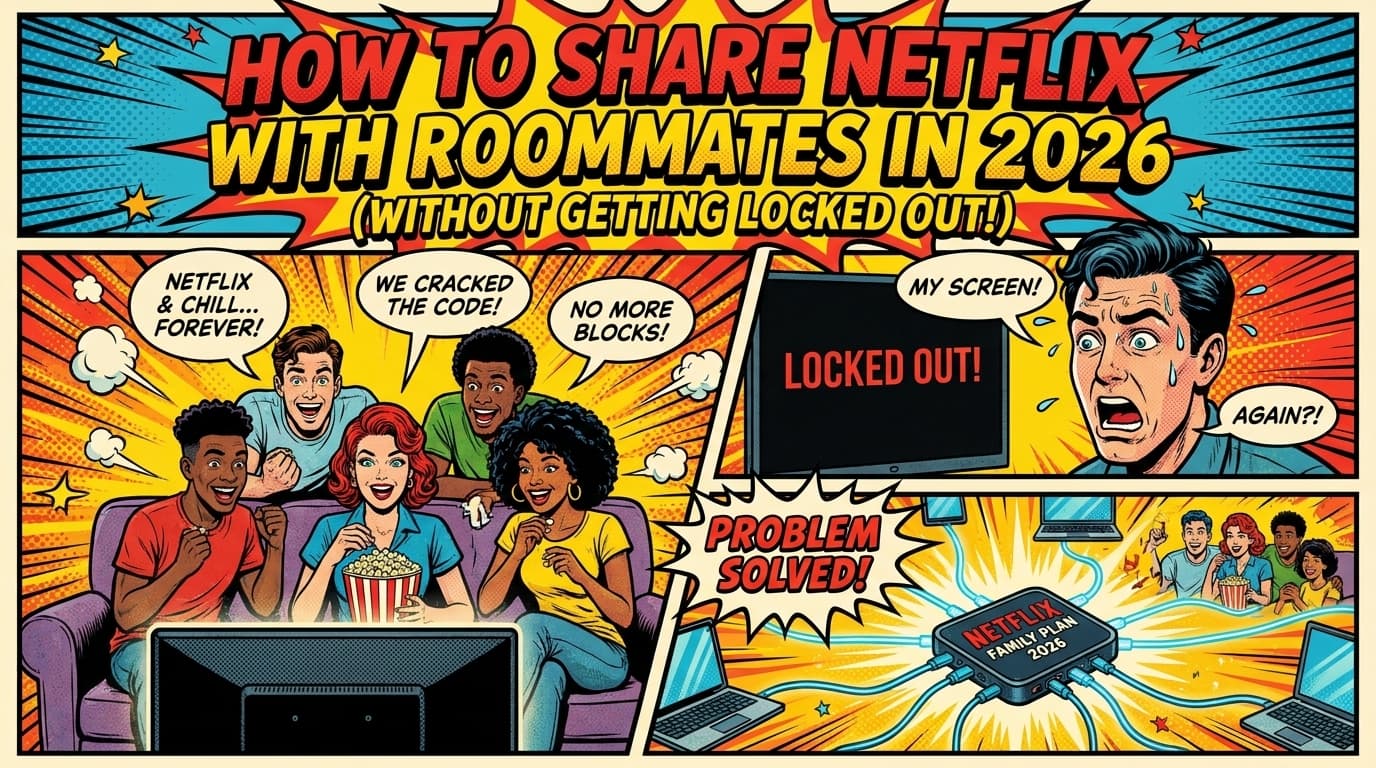 Retro comic book cover illustration of a Netflix-style screen with roommates holding remote controls, password lock icon, bold colors and halftone textures
