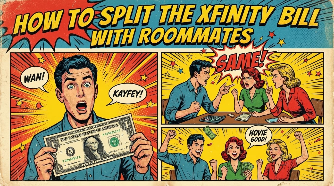 Retro comic book cover illustration of three roommates standing around a glowing Xfinity bill with cable cords and a router, bold colors and halftone textures