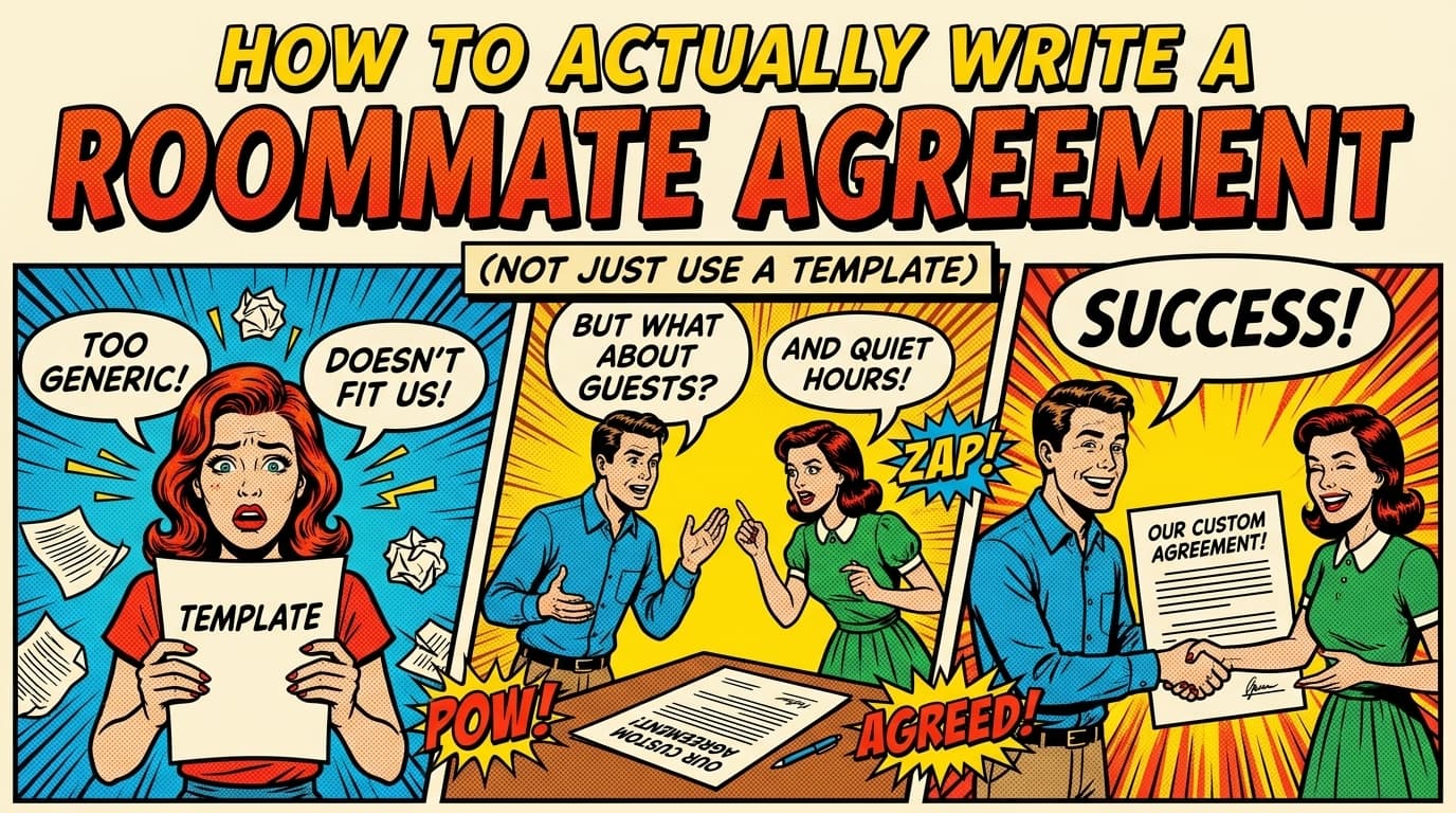 Retro comic book cover illustration of roommates around a table with a pen and document, drafting an agreement together, bold colors and halftone textures