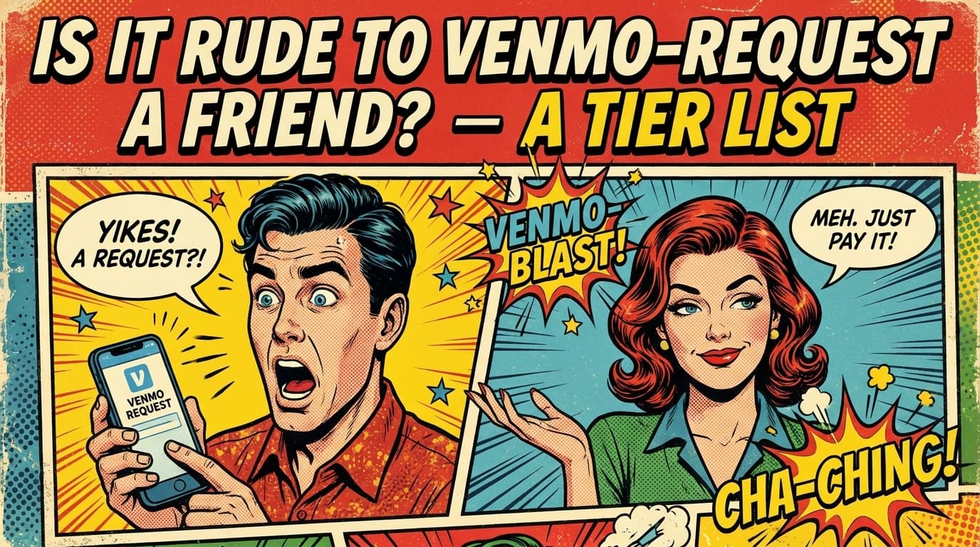 Retro comic book cover illustration for Venmo request etiquette, with bold colors and halftone textures
