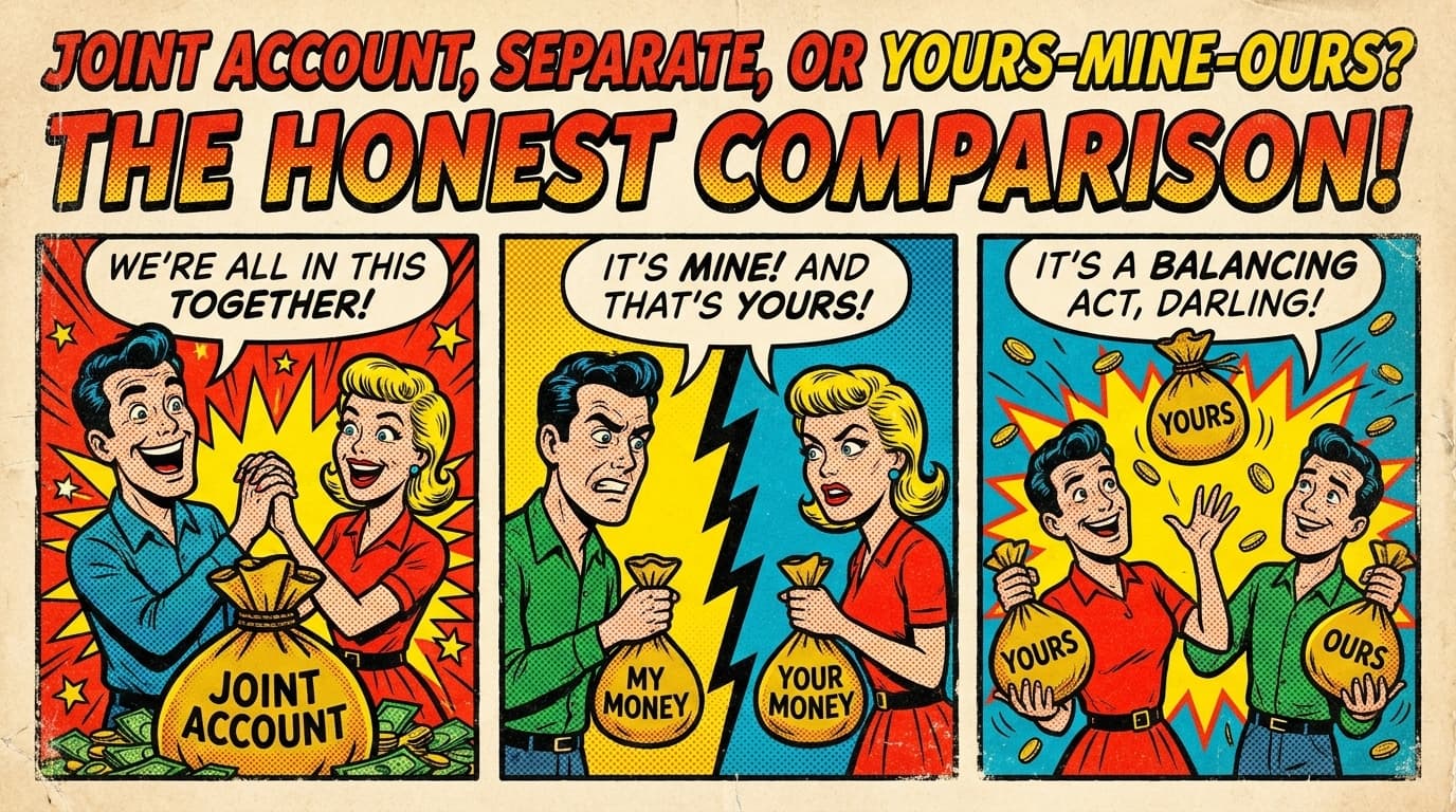 Retro comic book cover illustration of a couple standing between two bank vaults with bold colors and halftone textures