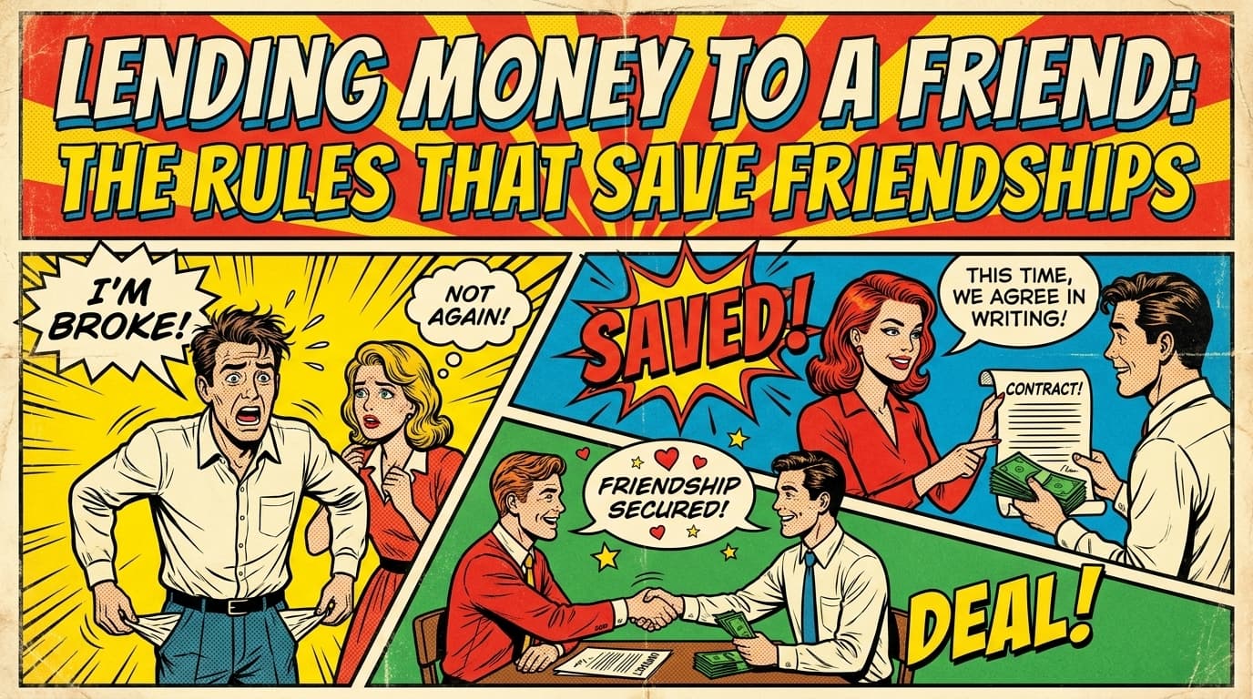 Retro comic book cover illustration of two friends passing an envelope of cash with a handshake, with bold colors and halftone textures