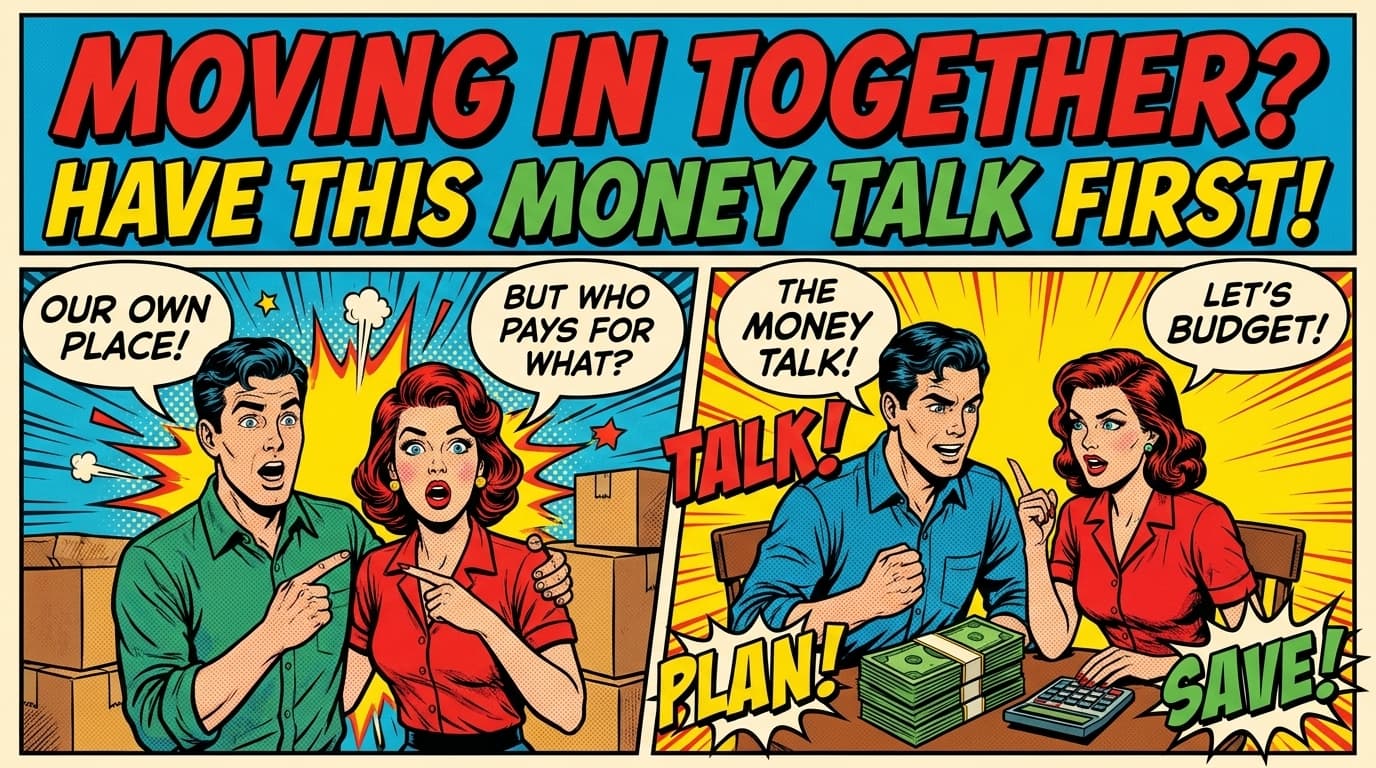 Retro comic book cover illustration of a couple looking at a lease with bold colors and halftone textures