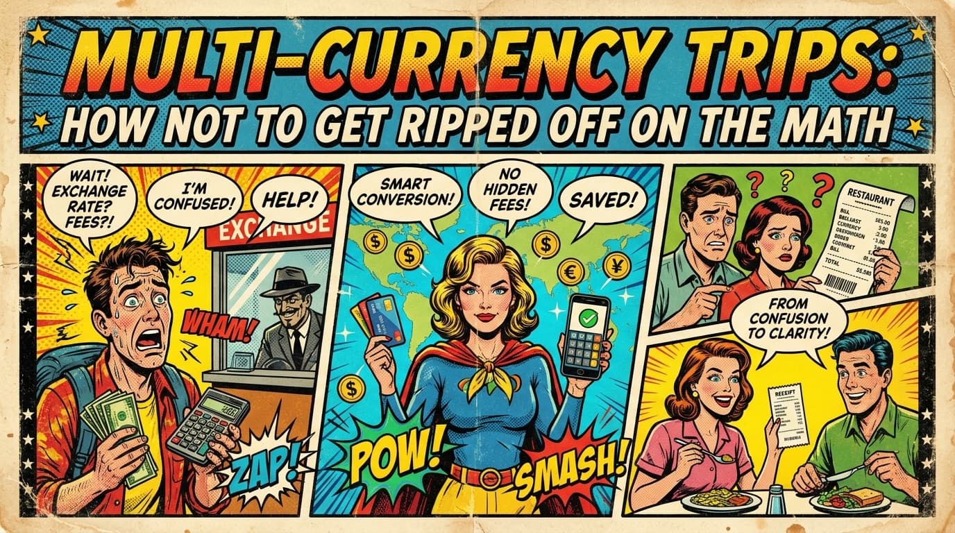 Retro comic book cover illustration of traveling friends juggling different currencies, with bold colors and halftone textures