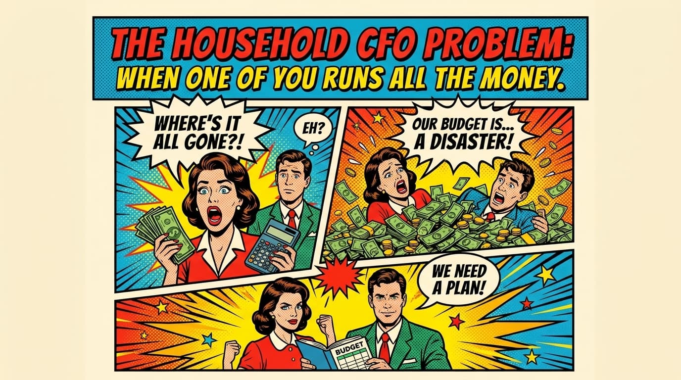 Retro comic book cover illustration of one partner at a desk covered in bills with bold colors and halftone textures