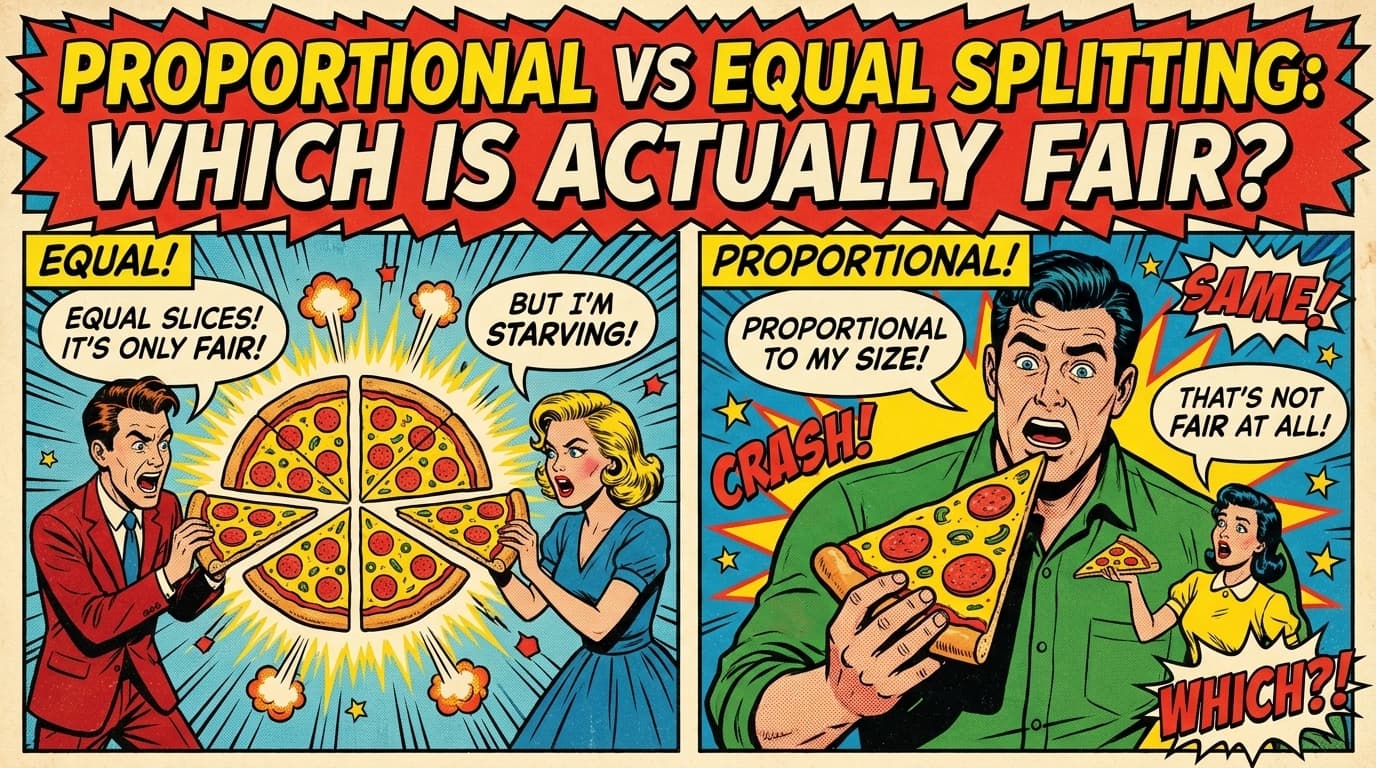 Retro comic book cover illustration comparing proportional vs equal splitting, with bold colors and halftone textures