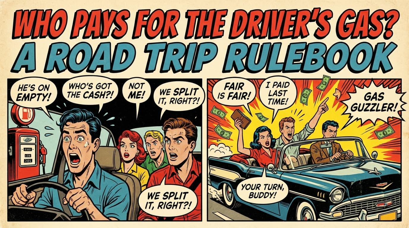 Retro comic book cover illustration of friends on a road trip splitting gas money at a gas station, with bold colors and halftone textures