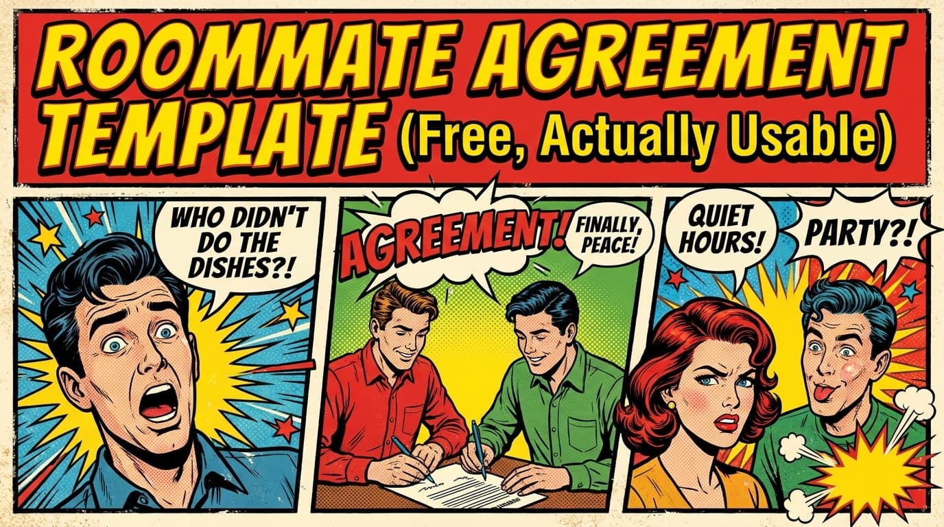 Retro comic book cover illustration of roommates shaking hands over a document, with bold colors and halftone textures