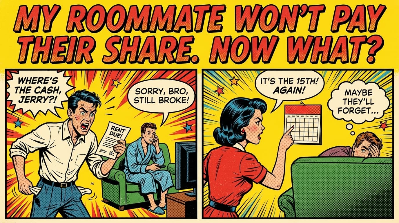 Retro comic book cover illustration for dealing with a roommate who won't pay, with bold colors and halftone textures