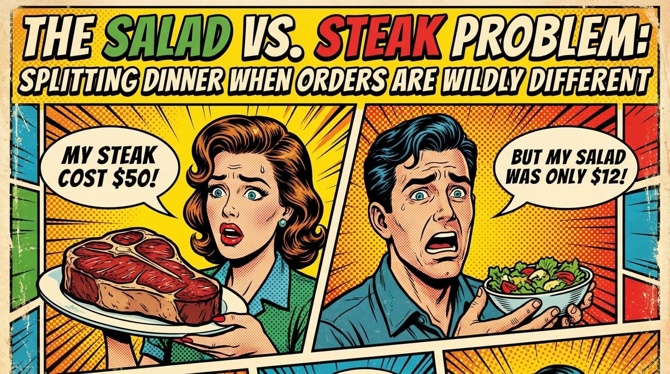 Retro comic book cover illustration of the salad vs steak dinner splitting dilemma, with bold colors and halftone textures
