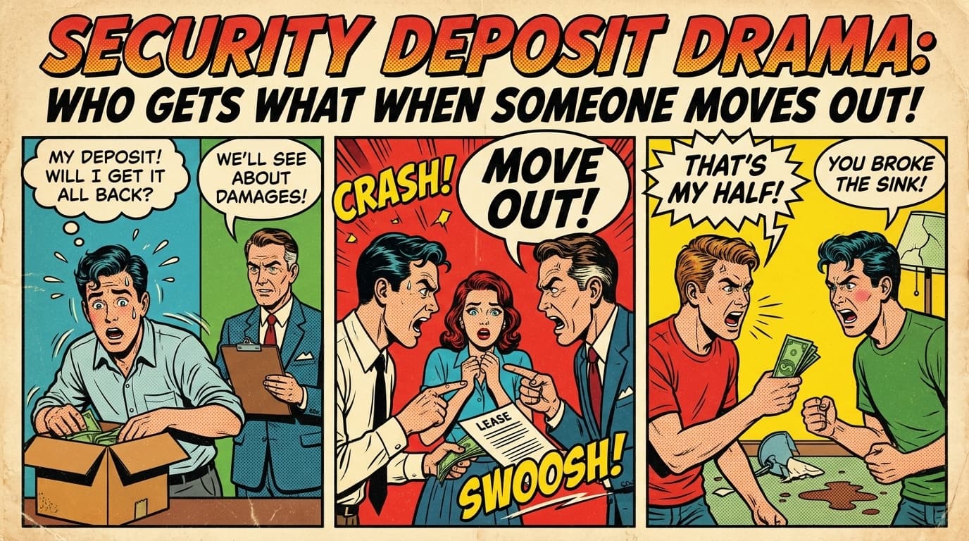 Retro comic book cover illustration of roommates arguing over a check at move-out day, with bold colors and halftone textures