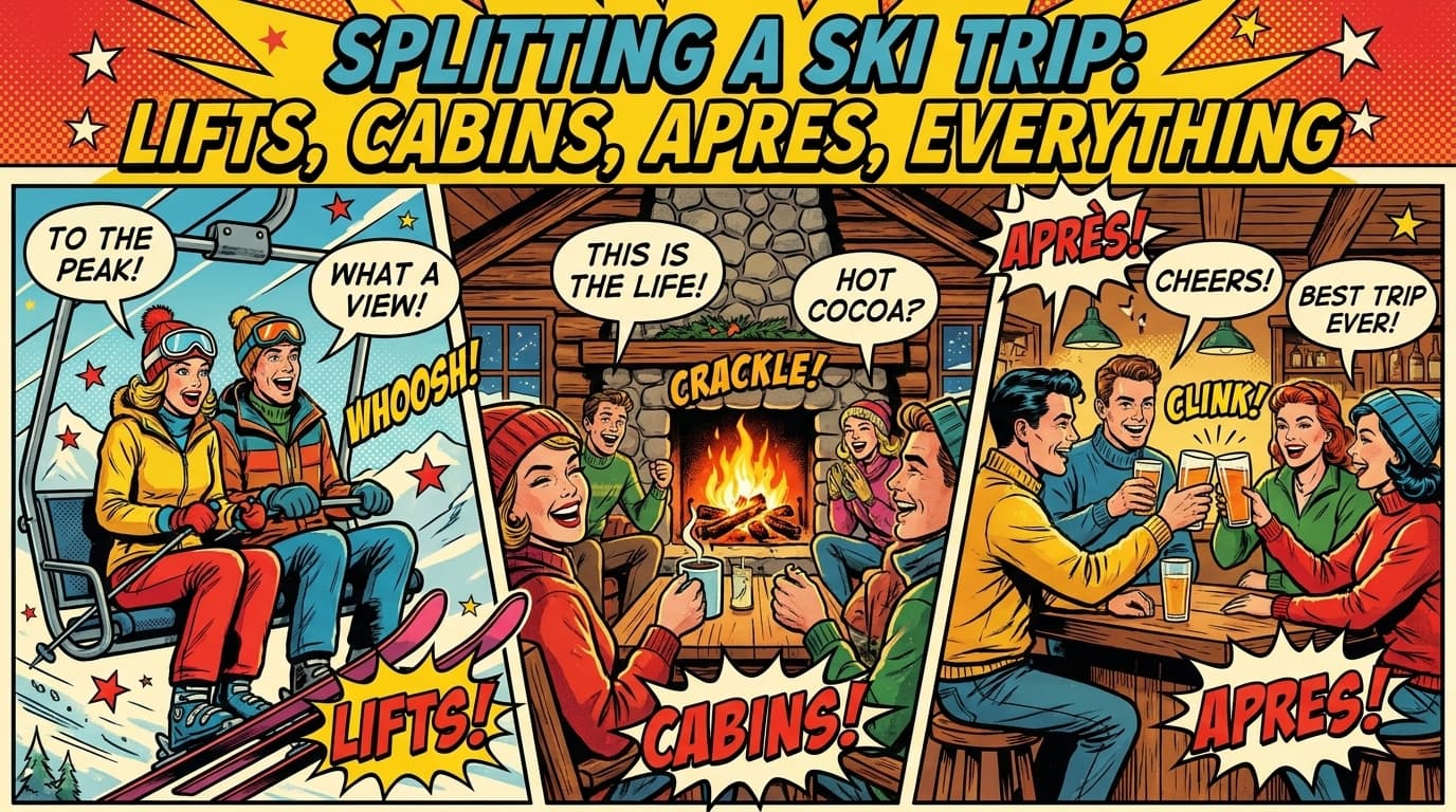Retro comic book cover illustration of friends on a ski mountain splitting the bill for a cabin and lift tickets, with bold colors and halftone textures