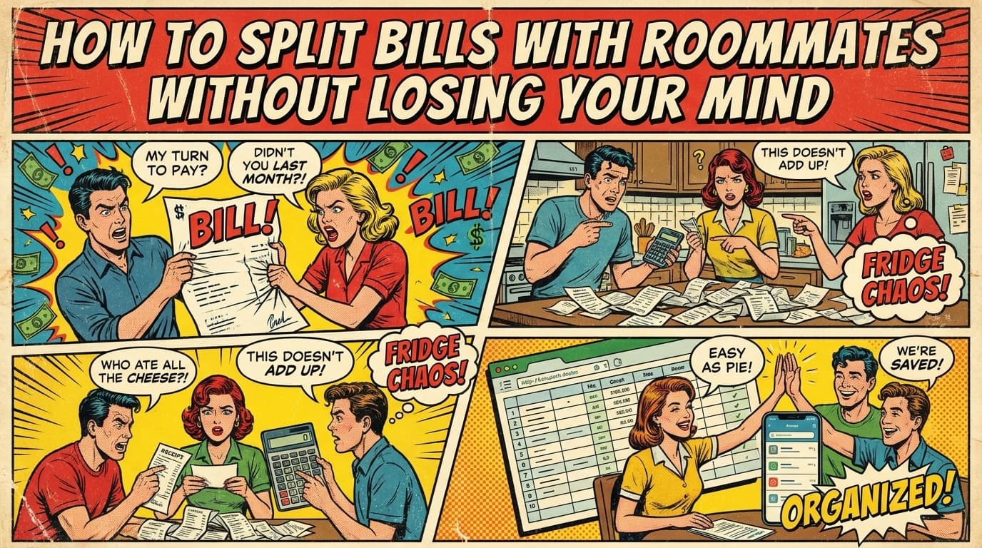 Retro comic book cover illustration for splitting bills with roommates, with bold colors and halftone textures