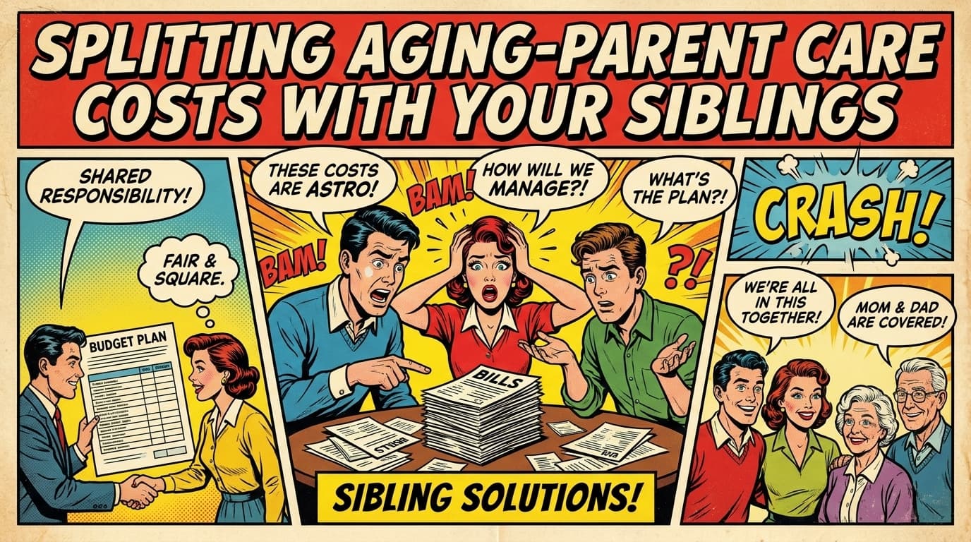 Retro comic book cover illustration of three siblings around a kitchen table with paperwork with bold colors and halftone textures