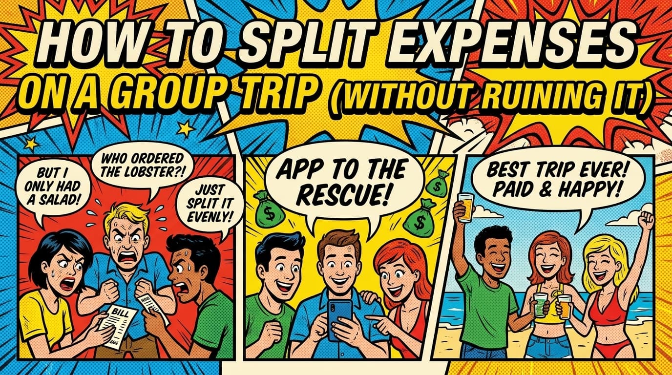 Retro comic book cover illustration for splitting group trip expenses, with bold colors and halftone textures