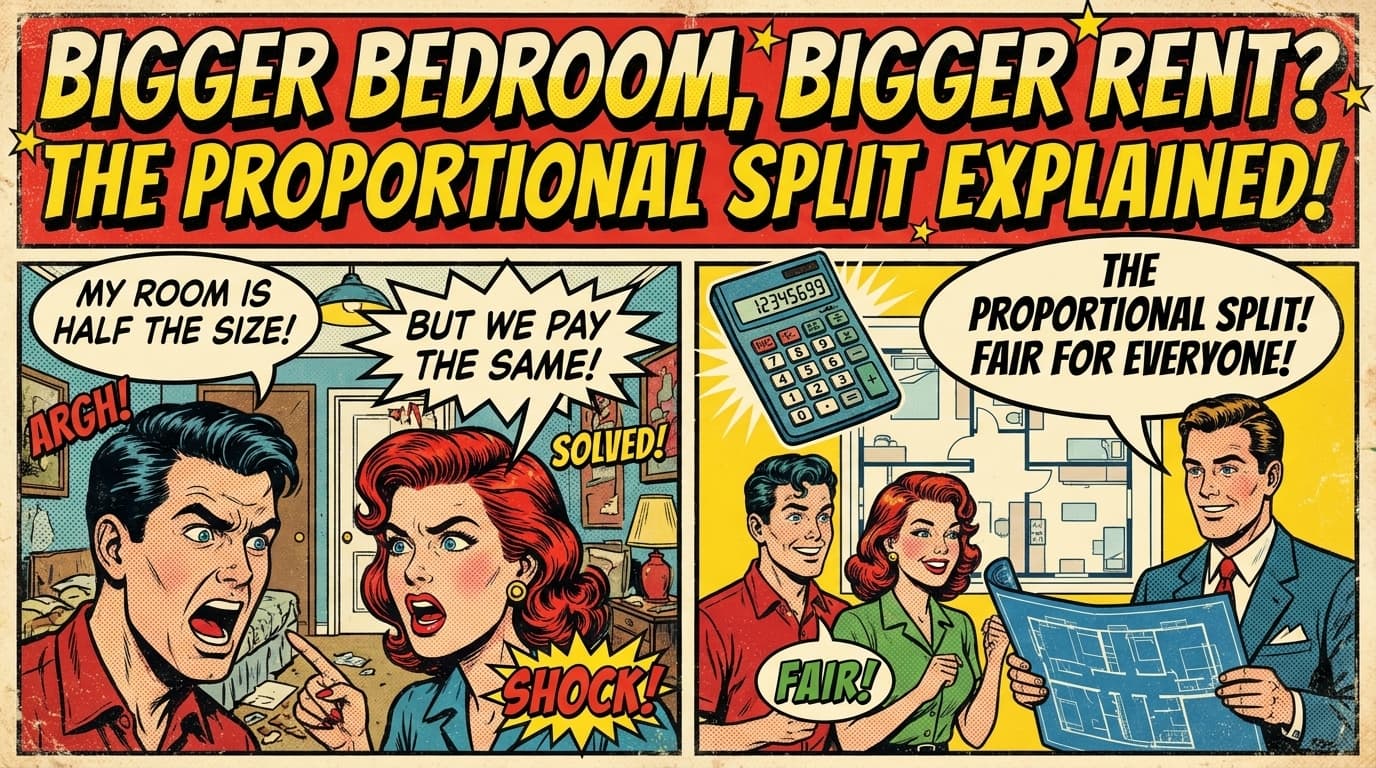 Retro comic book cover illustration of roommates measuring bedroom sizes, with bold colors and halftone textures
