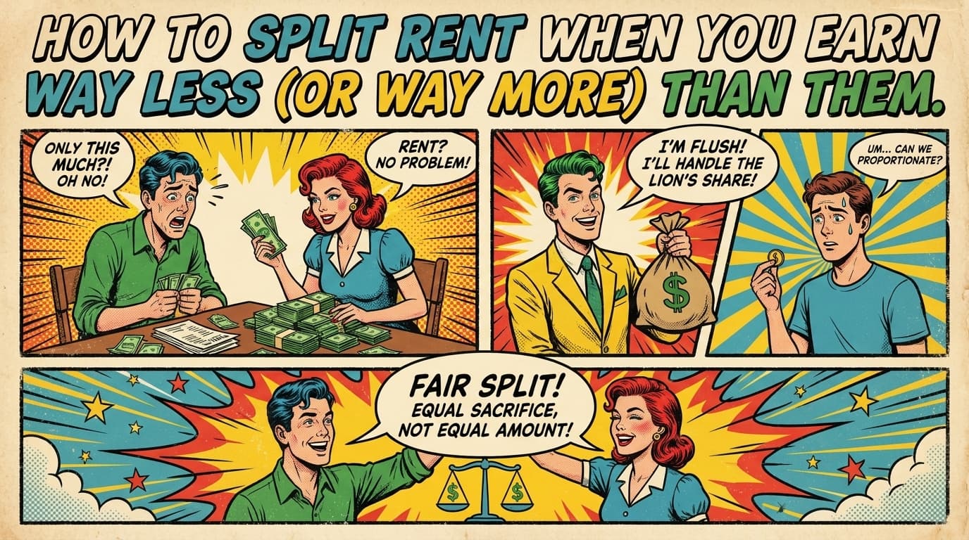 Retro comic book cover illustration for splitting rent with unequal incomes, with bold colors and halftone textures