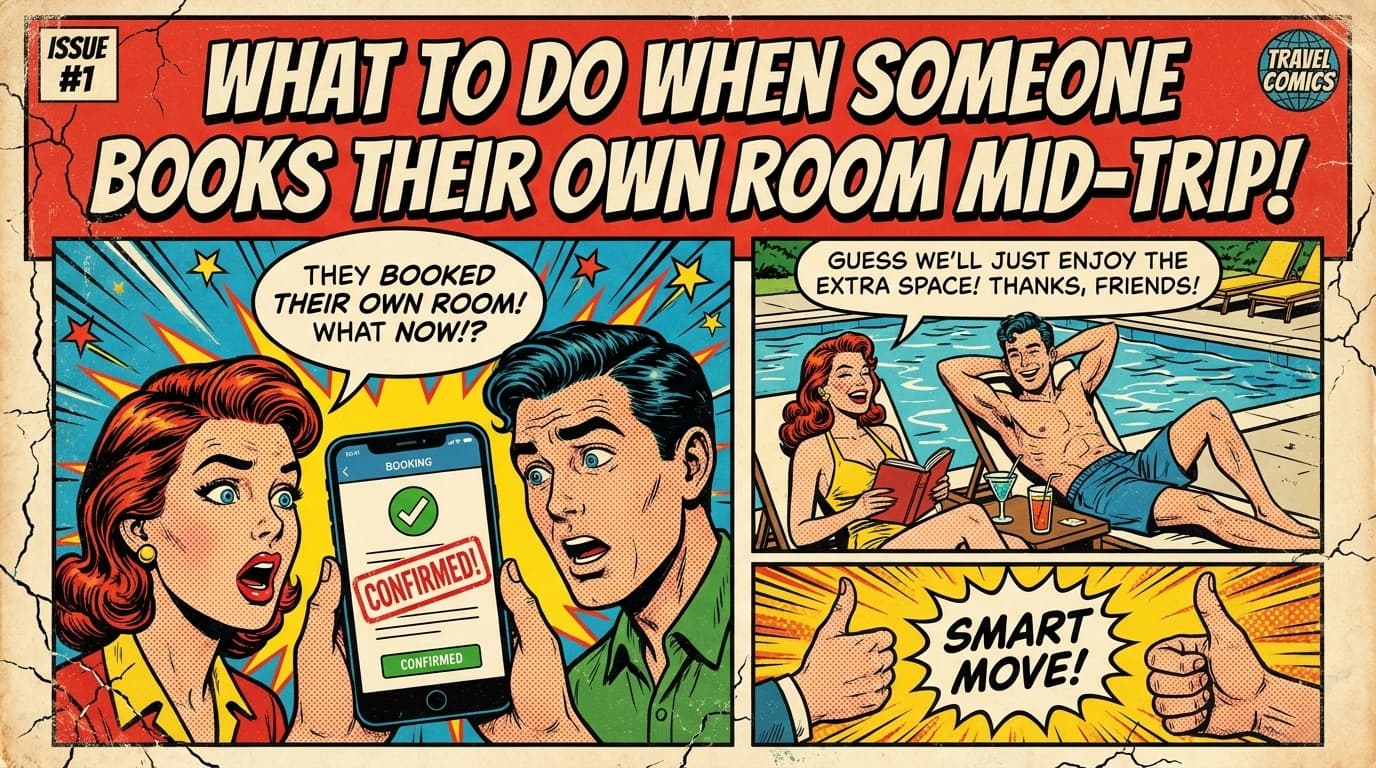 Retro comic book cover illustration of a friend standing outside a hotel while others stay in a shared Airbnb, with bold colors and halftone textures