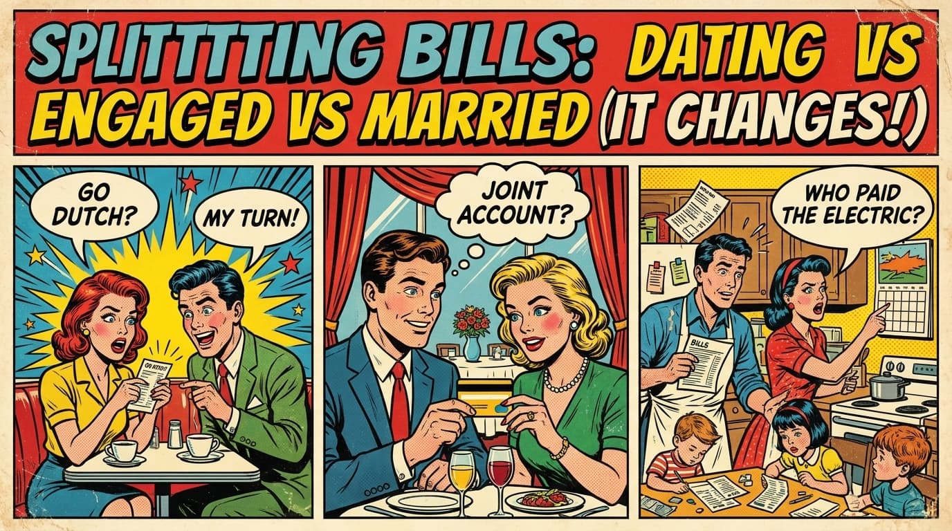 Retro comic book cover illustration of a couple moving through three life stages, dating, engaged, married, with shared bills and rings, bold colors and halftone textures
