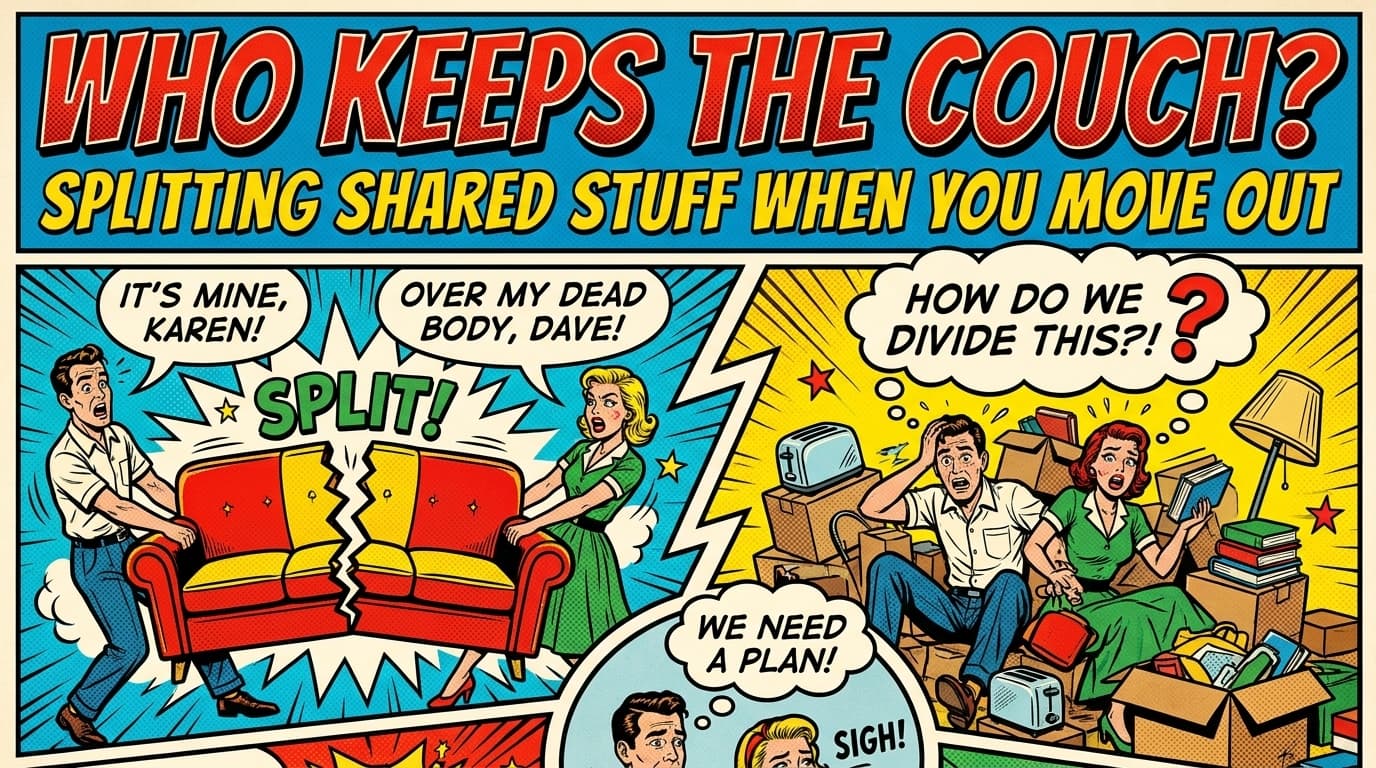 Retro comic book cover illustration of two roommates on either side of a couch being measured with a tape measure, with bold colors and halftone textures