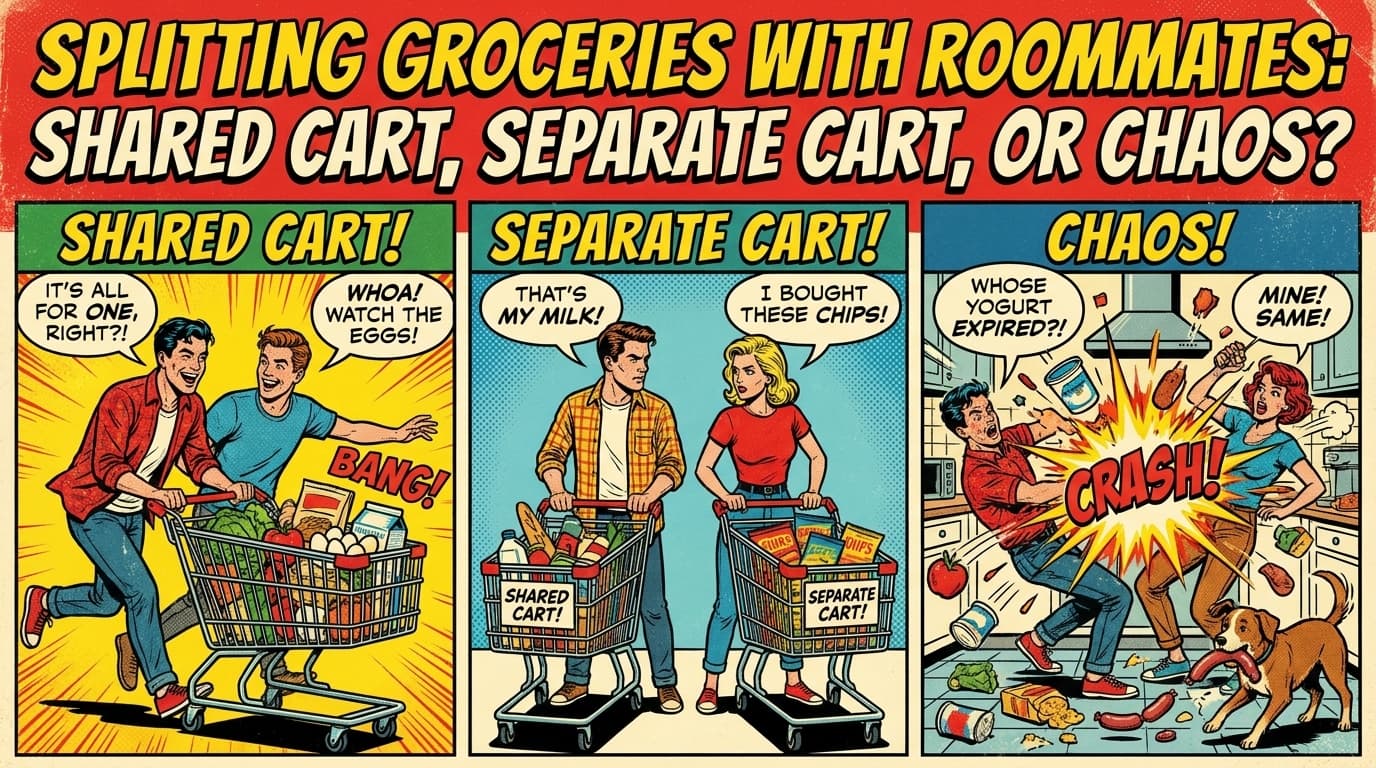 Retro comic book cover illustration of two roommates pushing a shopping cart together in a grocery store, with bold colors and halftone textures