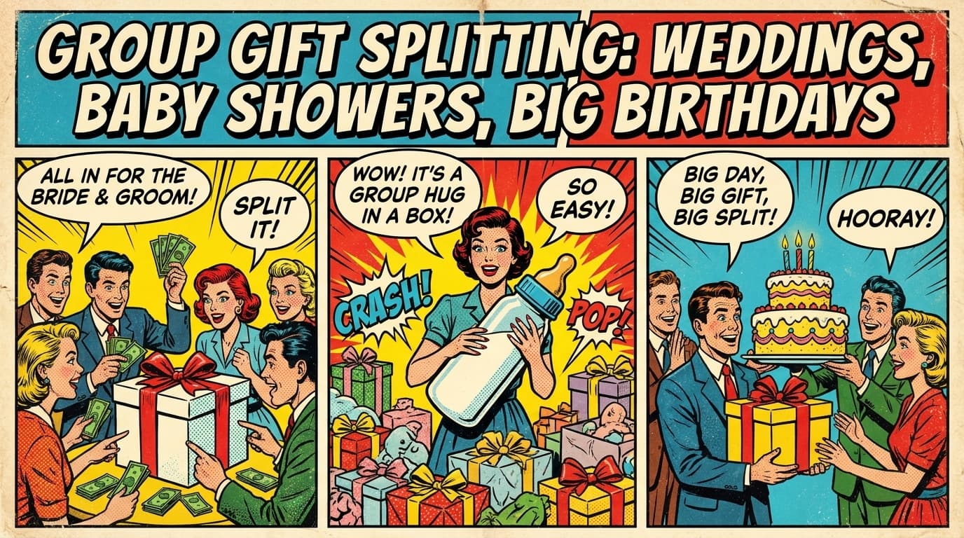 Retro comic book cover illustration of a group of friends chipping in on a large gift box with bold colors and halftone textures