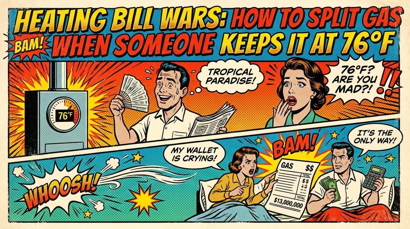 Retro comic book cover illustration of roommates bundled in blankets fighting over a thermostat dial, bold colors and halftone textures